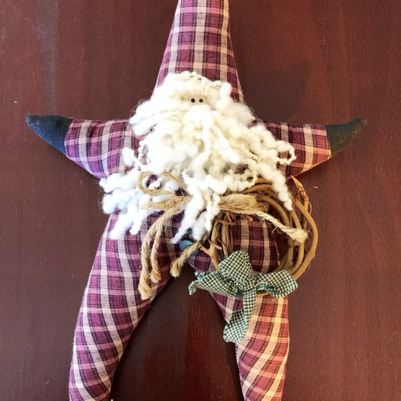 Handmade Primitive Folk Santa - Star-Shaped with Grapevine Wreath and Yarn Beard - Picture 5 of 10